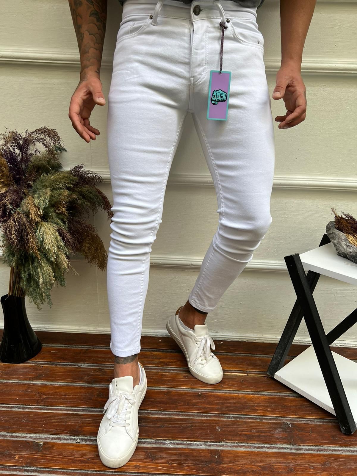 Erkek Slimfit Kesim Likralı Beyaz Kot Pantolon