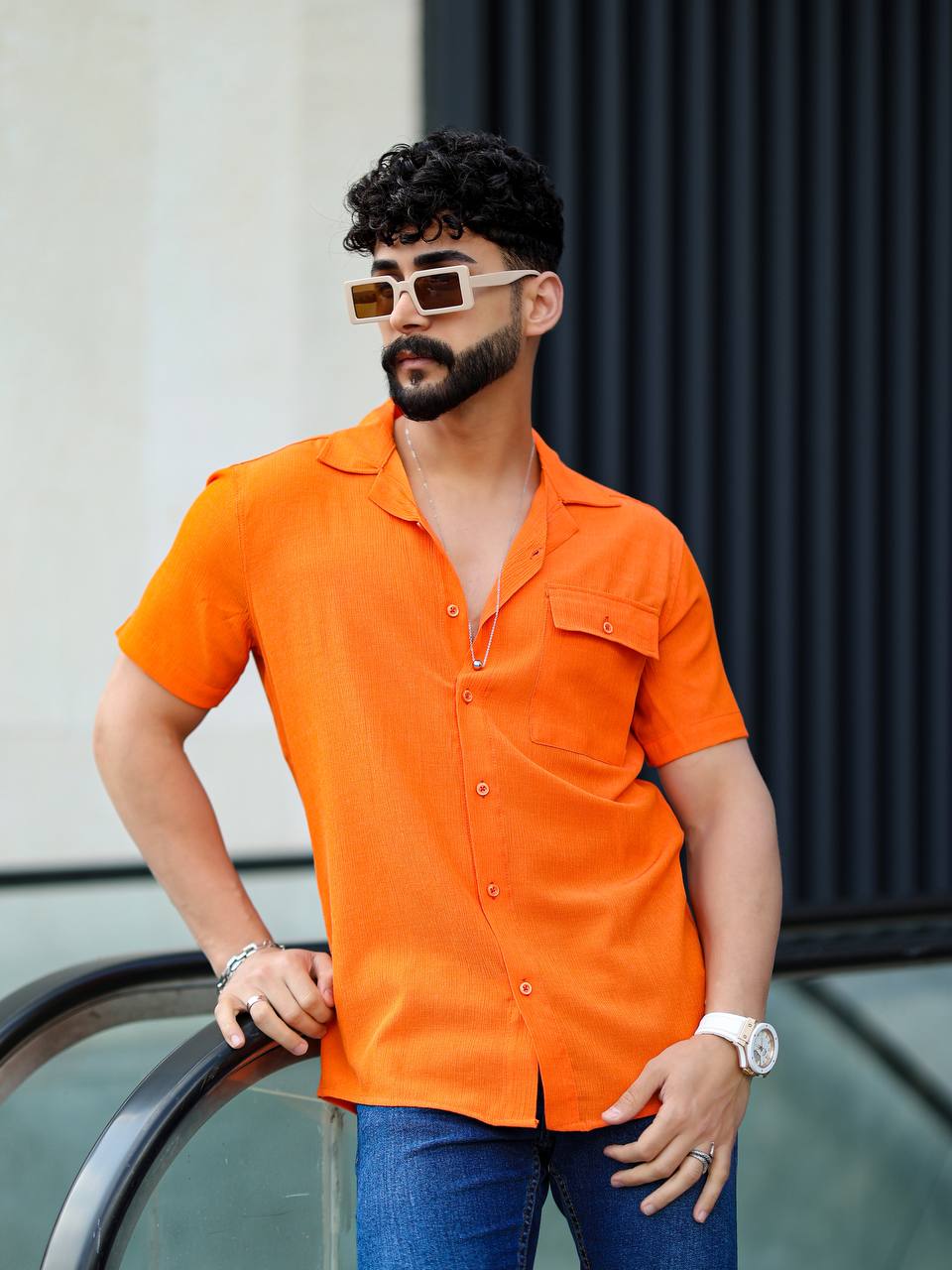 Erkek Slimfit Kesim Cepli Kısa Kollu Keten Gömlek - Turuncu