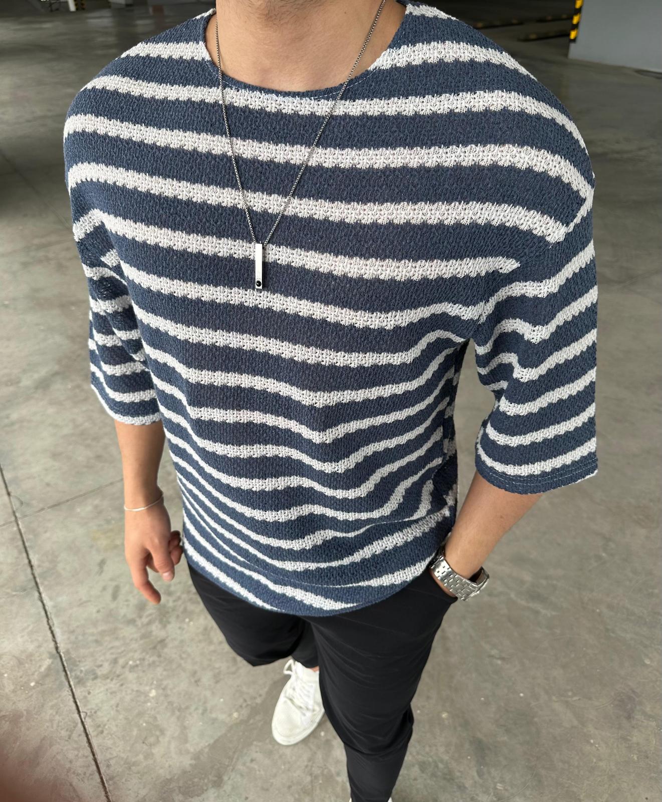 Erkek Örme Fakir Kol Oversize Tişört  - Mavi