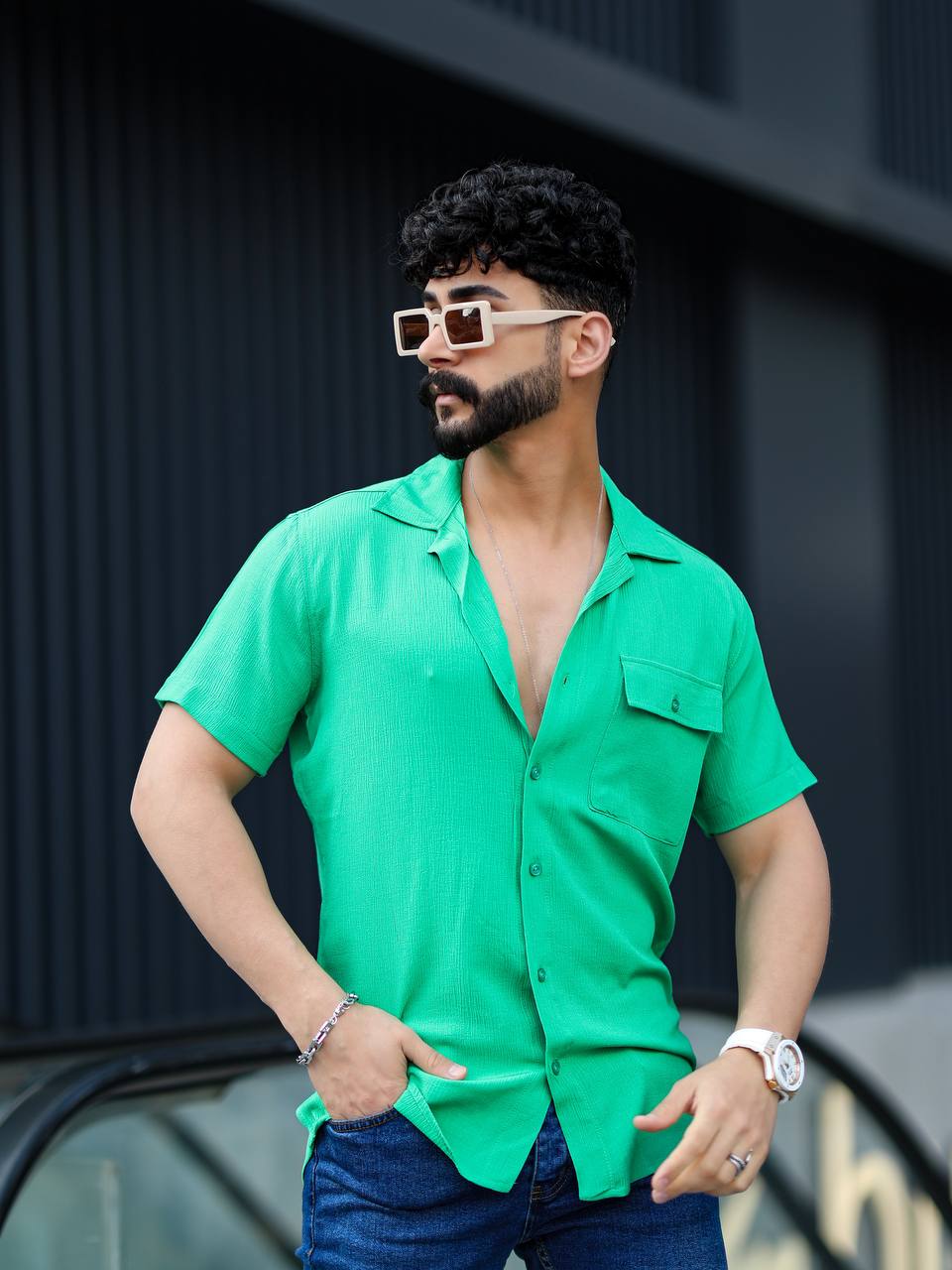 Erkek Slimfit Kesim Cepli Kısa Kollu Keten Gömlek - yeşil
