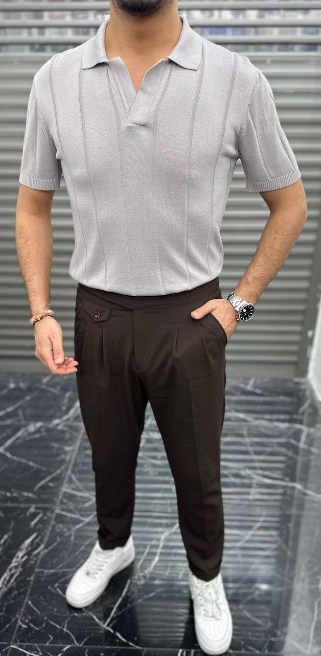 Erkek Slimfit Kesim Modelli Polo Yaka Triko Tişört - Gri