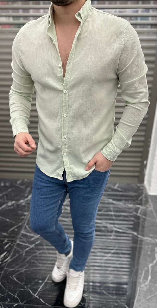 Erkek Slimfit Kesim Krinkıl Kumaş Gömlek - krem