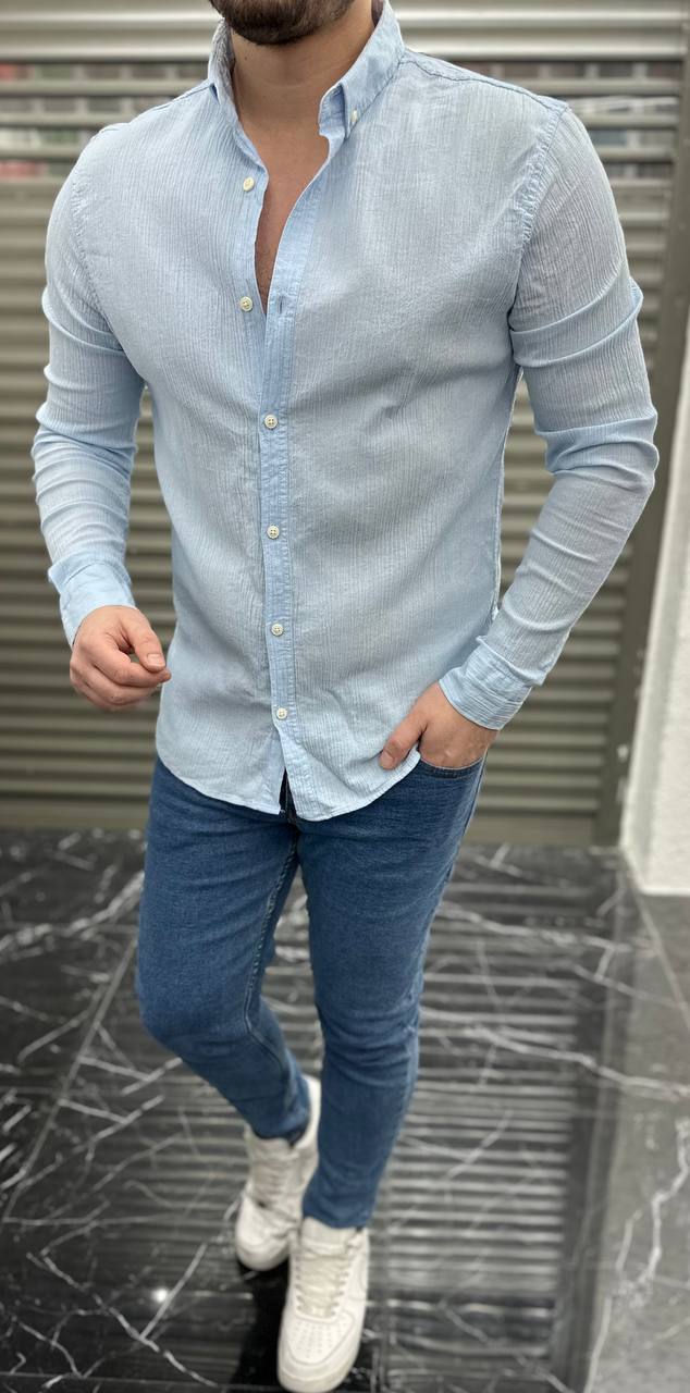 Erkek Slimfit Kesim Krinkıl Kumaş Gömlek - Açık Mavi