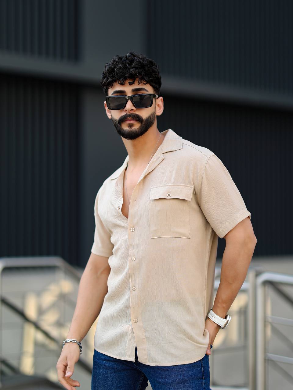 Erkek Slimfit Kesim Cepli Kısa Kollu Keten Gömlek - krem