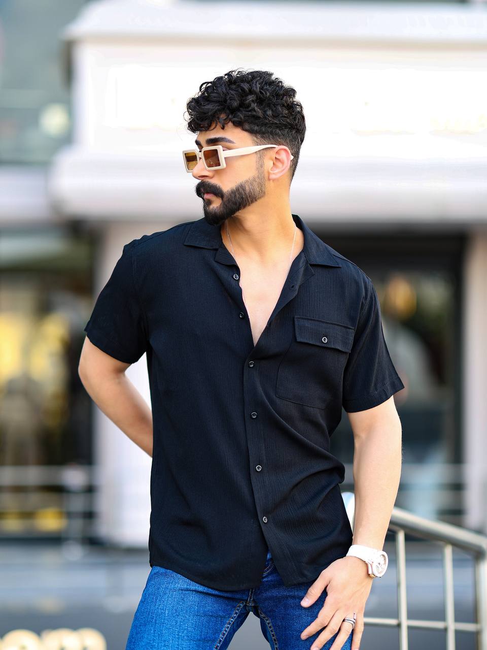 Erkek Slimfit Kesim Cepli Kısa Kollu Keten Gömlek - Siyah