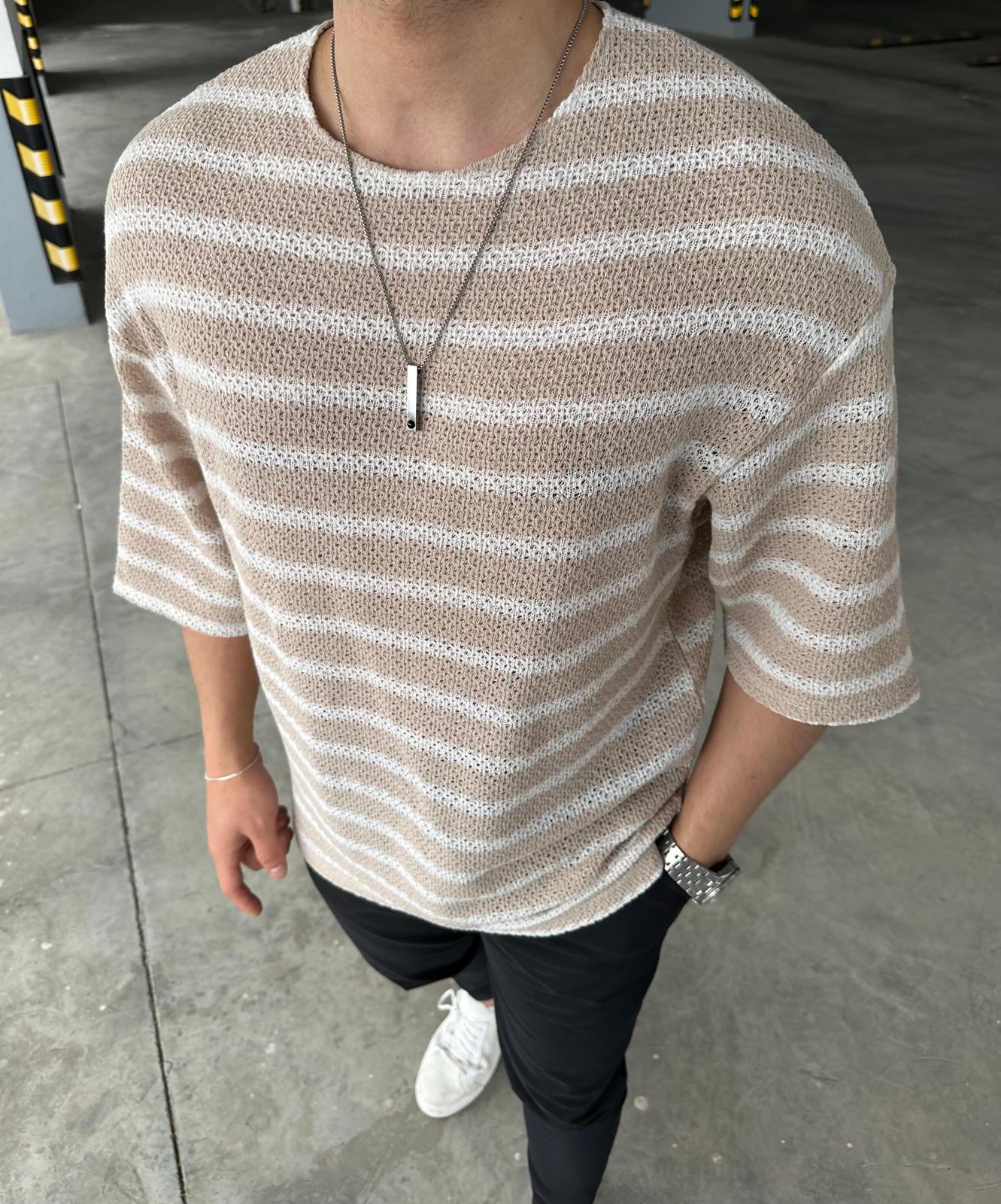 Erkek Örme Fakir Kol Oversize Tişört  - krem