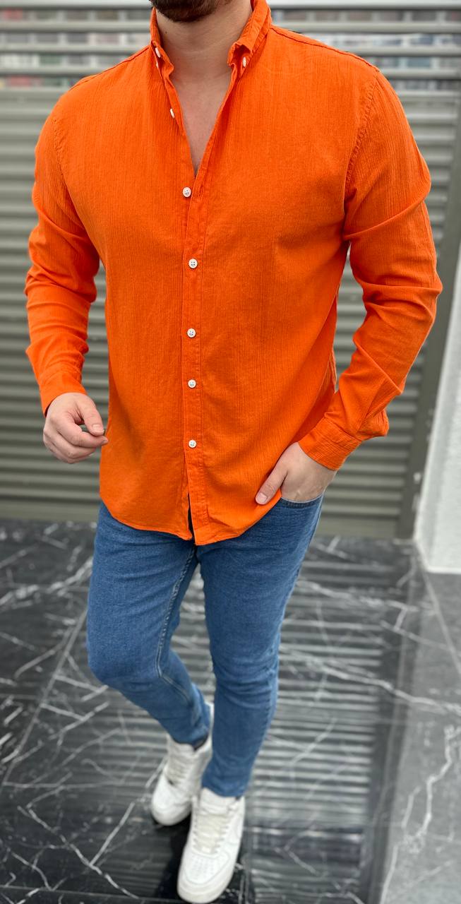 Erkek Slimfit Kesim Krinkıl Kumaş Gömlek - Turuncu