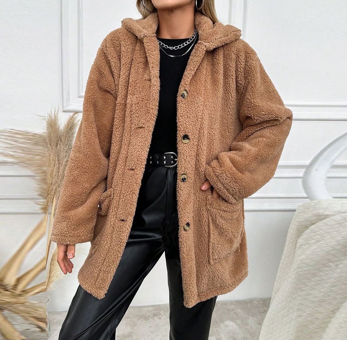 Düğmeli Oversize Peluş Kaban