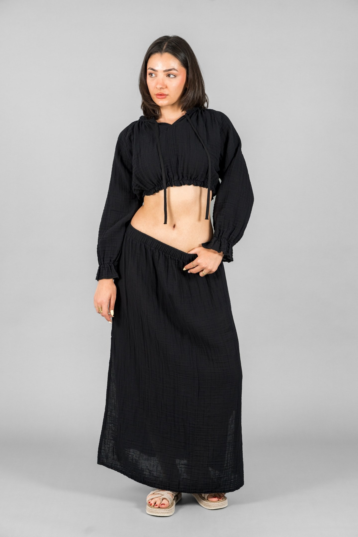 Yırtmaçlı Etek-Reglan Kol Crop Takım