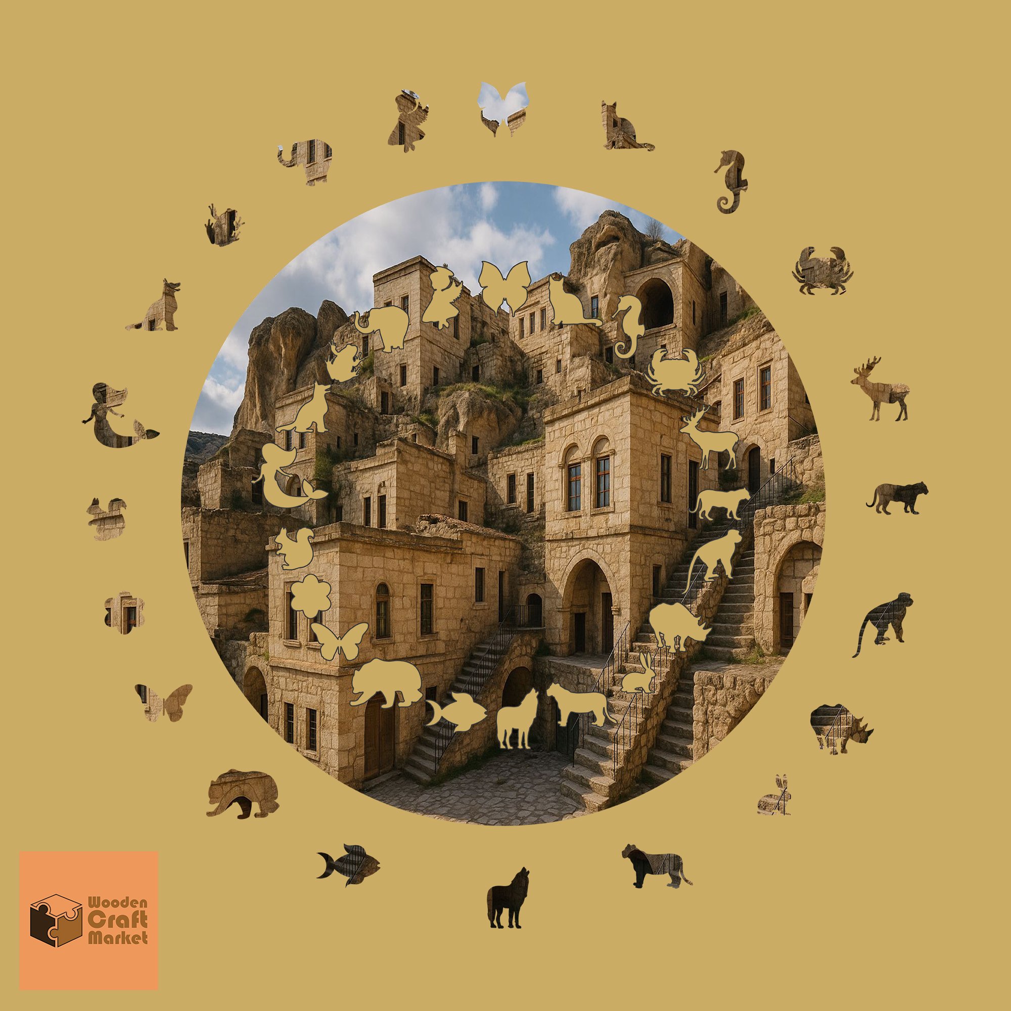 ÜRGÜP ESKİ EVLERİ FİGÜRLÜ AHŞAP PUZZLE YAKLAŞIK 300 PARÇA 45 X 45 ÖLÇÜLERİNDE