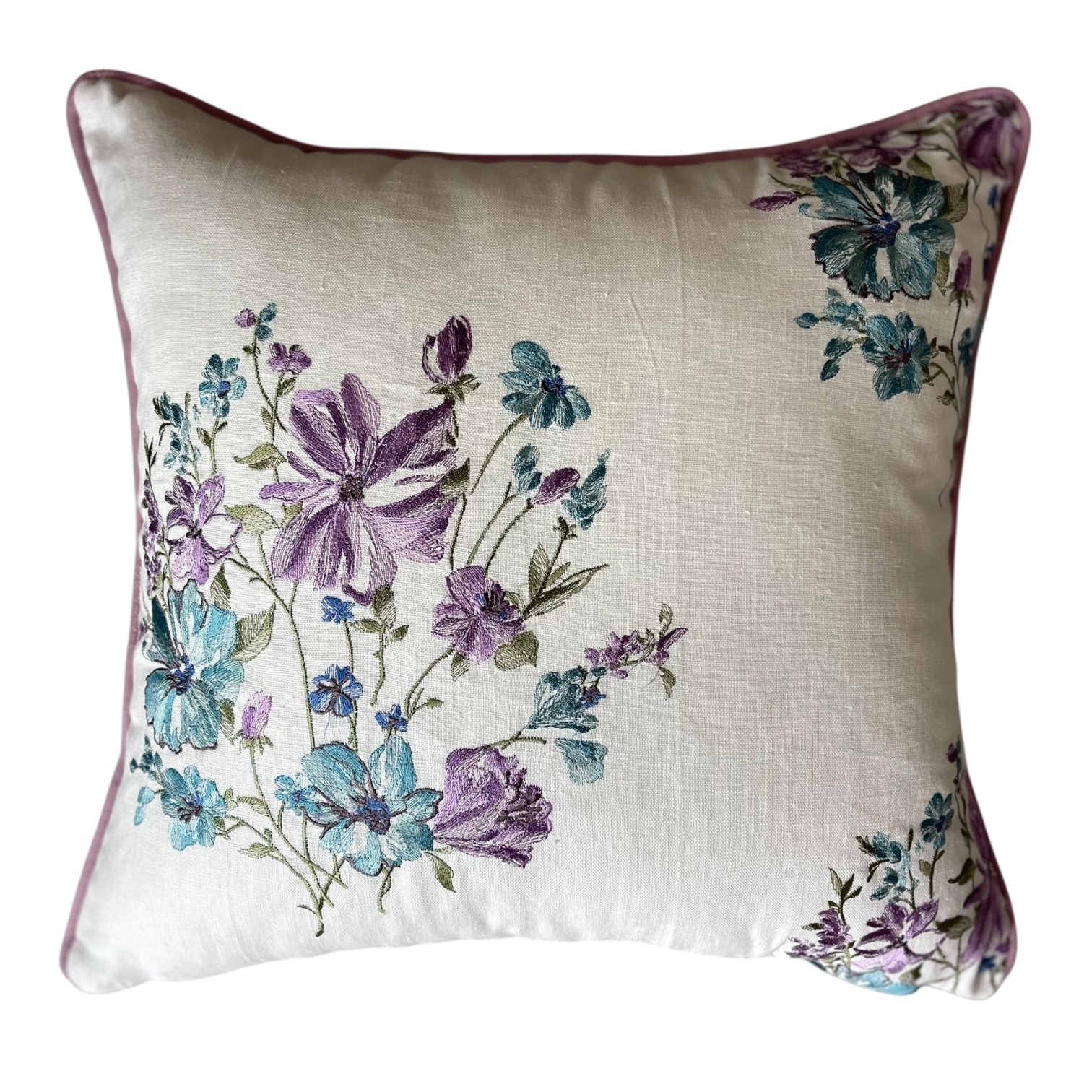 Lila Mavi Çiçek Demeti nakışlı 3'lü Kırlent Kılıfı Seti 50*50 cm