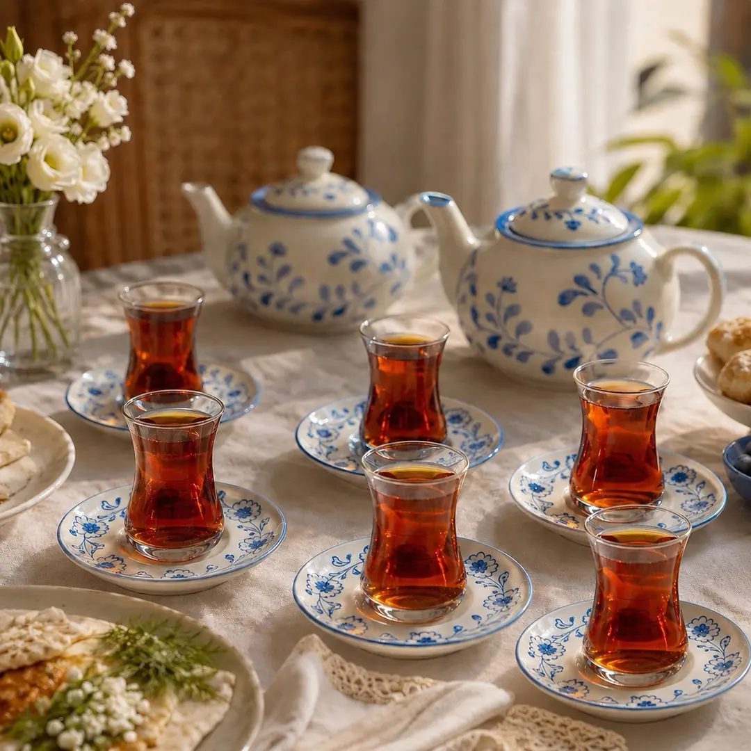 Mavi Beyaz El Boyaması Çay Seti