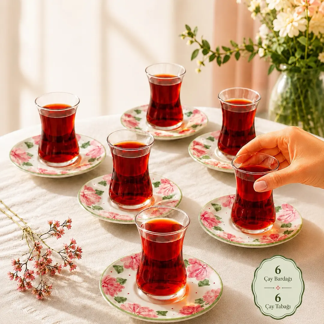 El boyaması pembe çiçekli çay seti 6 kişilik - Sare Koleksiyonu