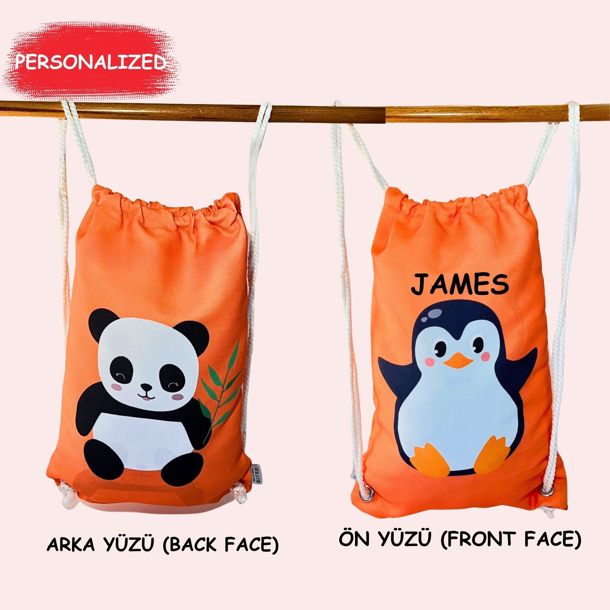 Panda and penguin patterned kids backpack, drawstring bag, kindergarten backpack, cotton backpack, handmade bag, nappy bag, christmas gift,