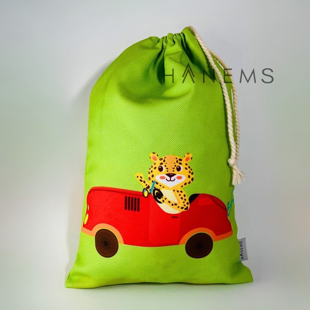 Car with tiger patterned laundry bag, drawstring pouch, wash bag, spare clothes bag, toiletry, kids pouch , travel pouch, bag organiser, storage bag , Christmas gift, shoes bag