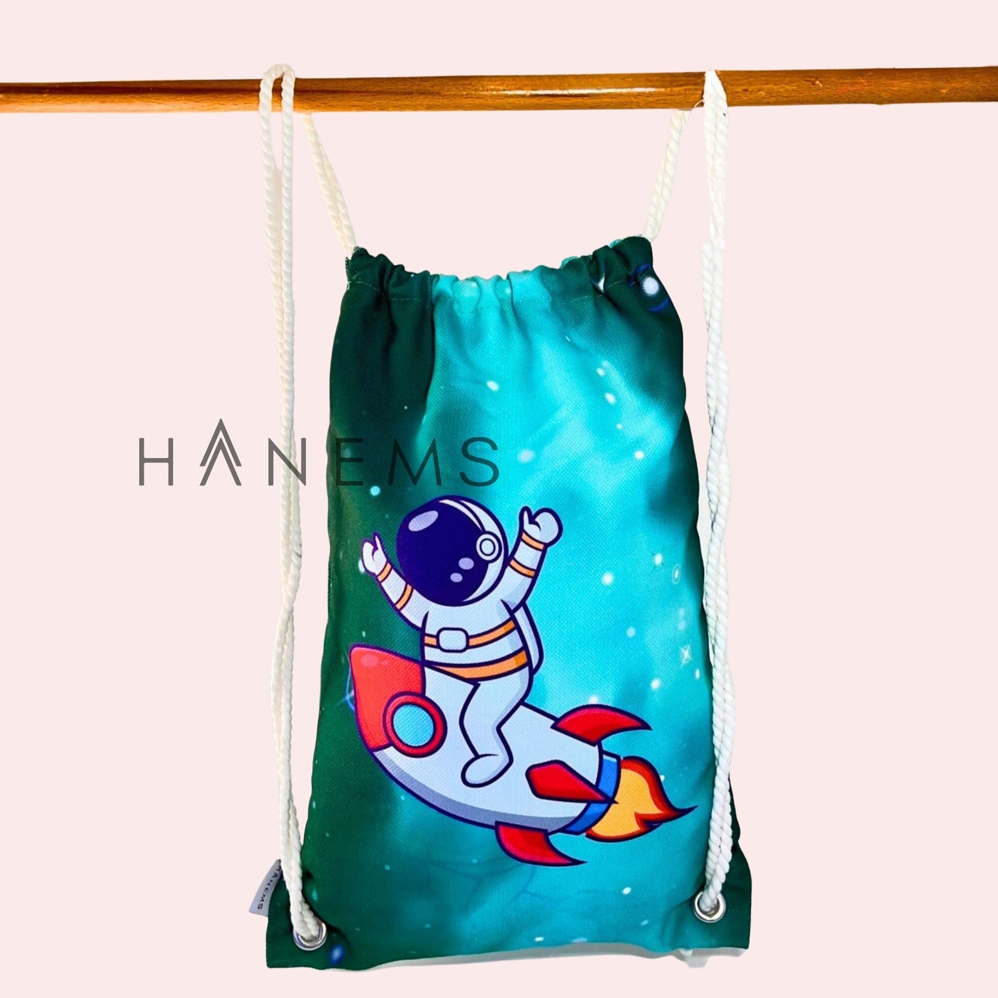 Astronaut riding a rocket patterned kids backpack, drawstring bag, kindergarten backpack, cotton backpack, handmade bag, nappy bag, christmas gift