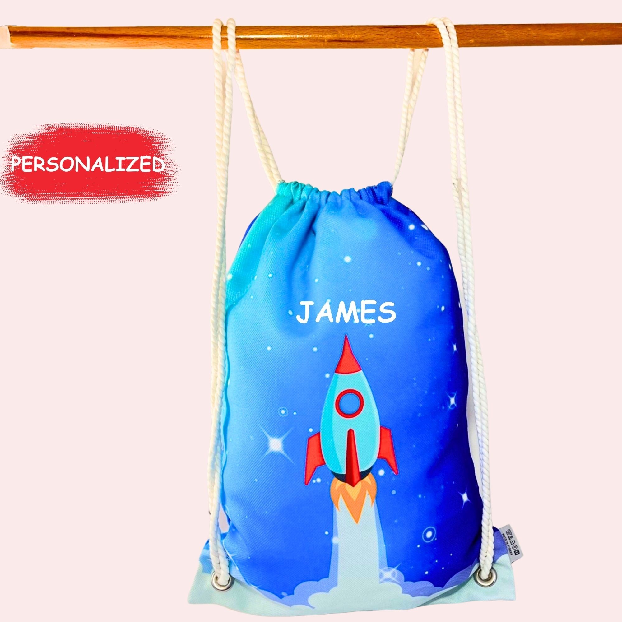 Rocket patterned kids backpack, drawstring bag, kindergarten backpack, cotton backpack, handmade bag, nappy bag, christmas gift