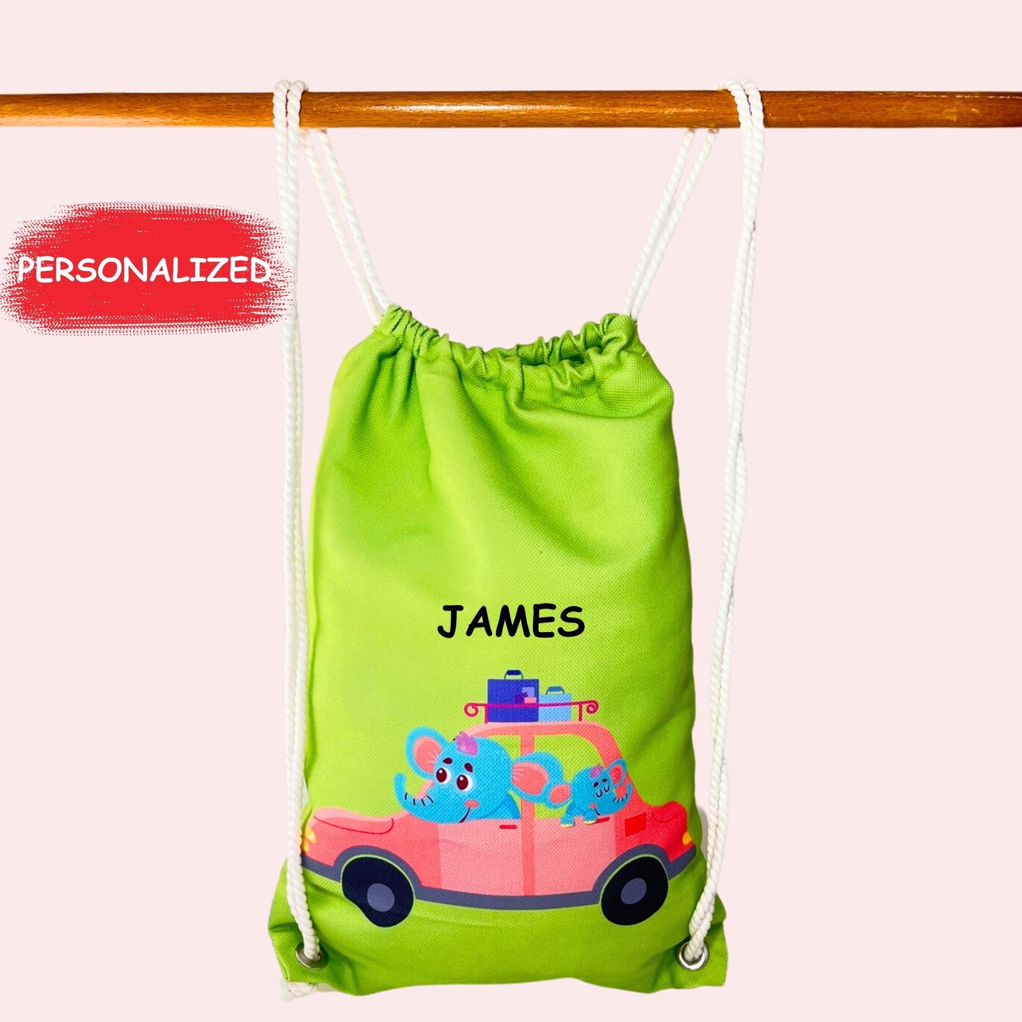  Car with elepthant patterned kids backpack, drawstring bag, boys bag, kindergarten backpack , cotton backpack , handmade bag , nappy bag , Christmas gift