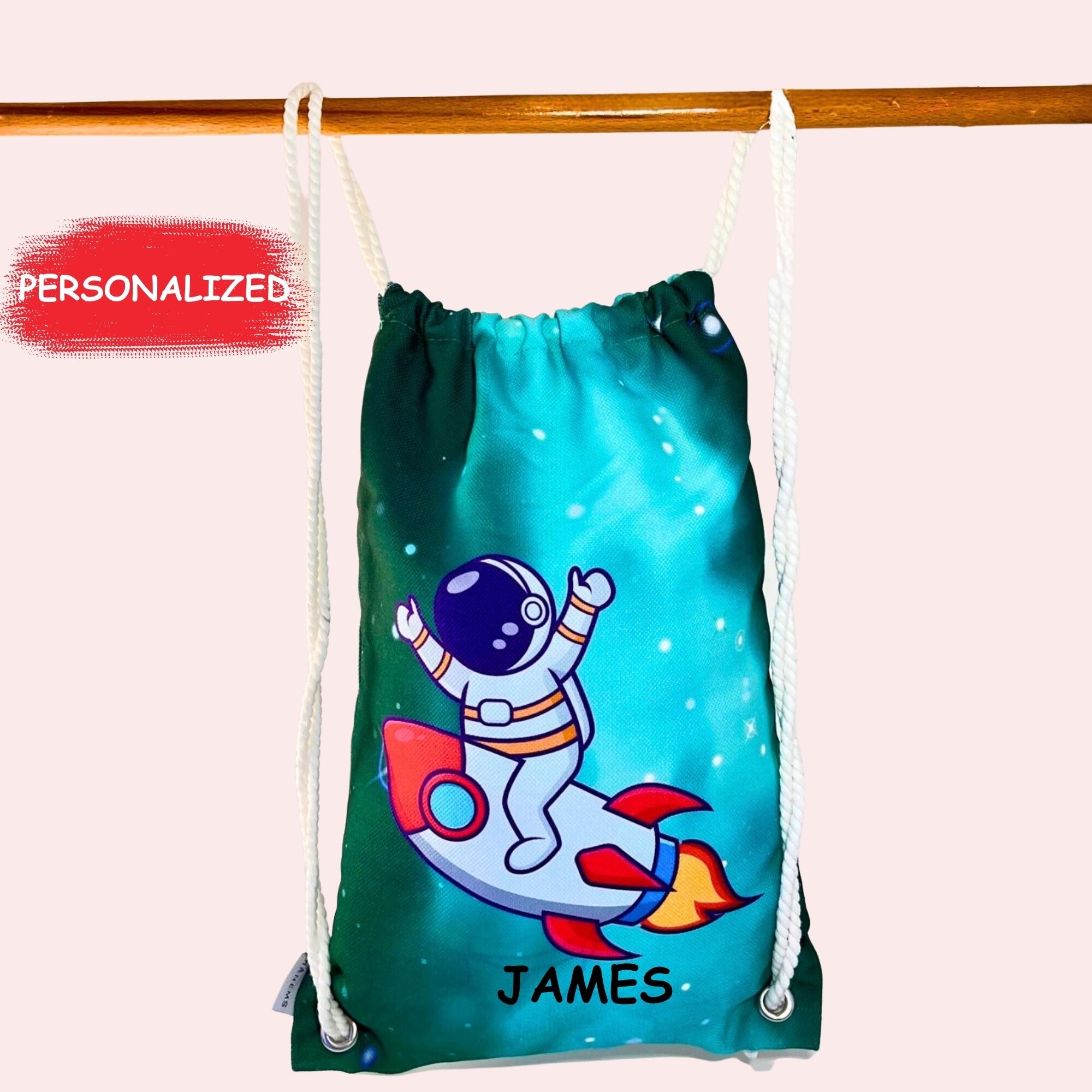 Astronaut riding a rocket patterned kids backpack, drawstring bag, kindergarten backpack, cotton backpack, handmade bag, nappy bag, christmas gift