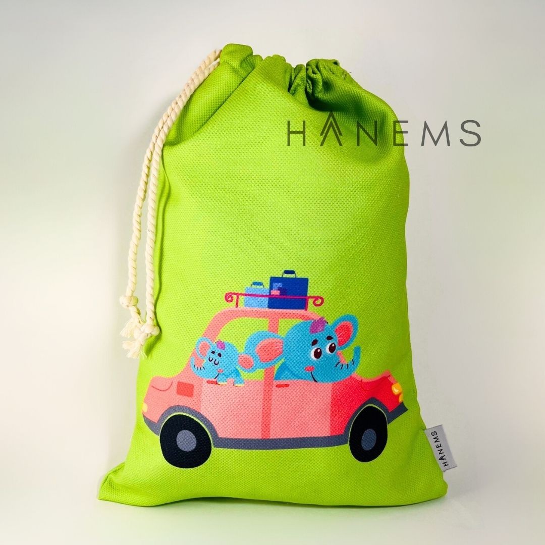 Car with elephant paatterned laundry bag, drawstring pouch, wash bag, spare clothes bag, toiletry, kids pouch , travel pouch, bag organiser, storage bag, christmas gift, shoes bag