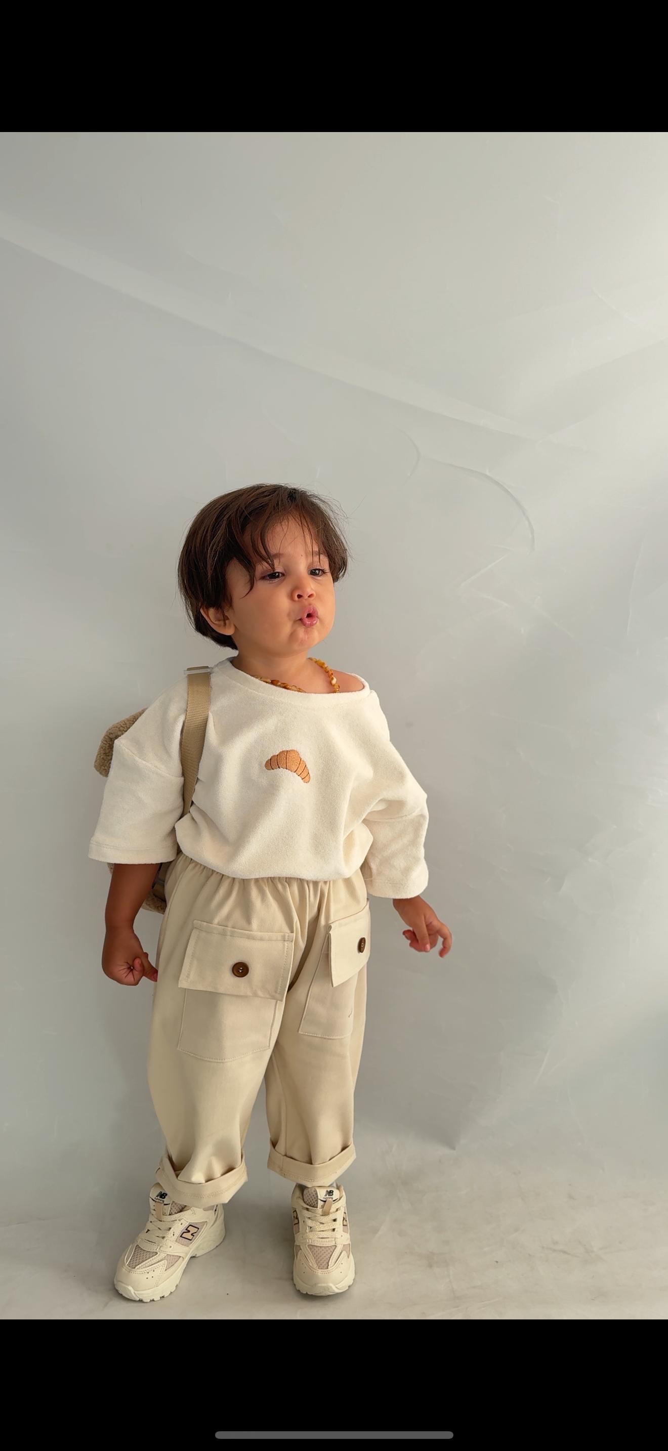 krem düğme detaylı Gabardin okul pantolonu