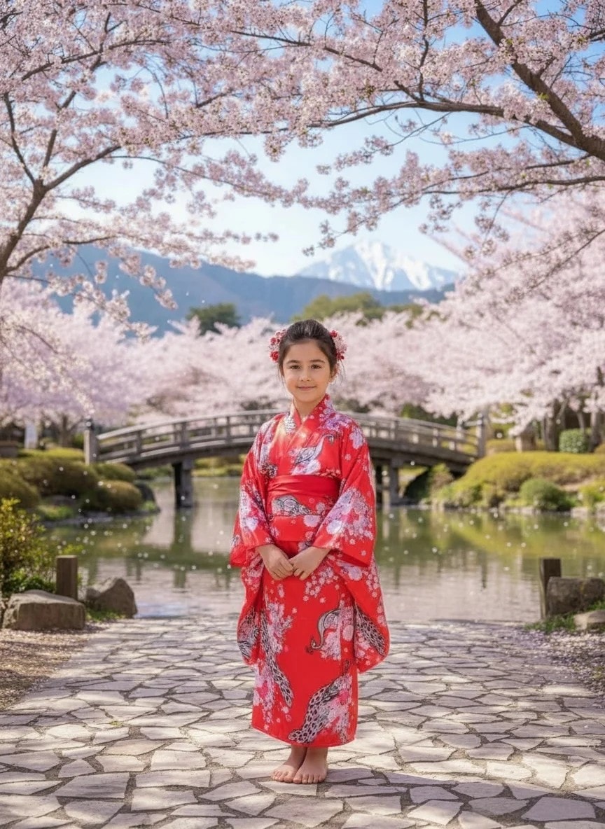 Japon Kimono Çocuk Kostümü Fuşya