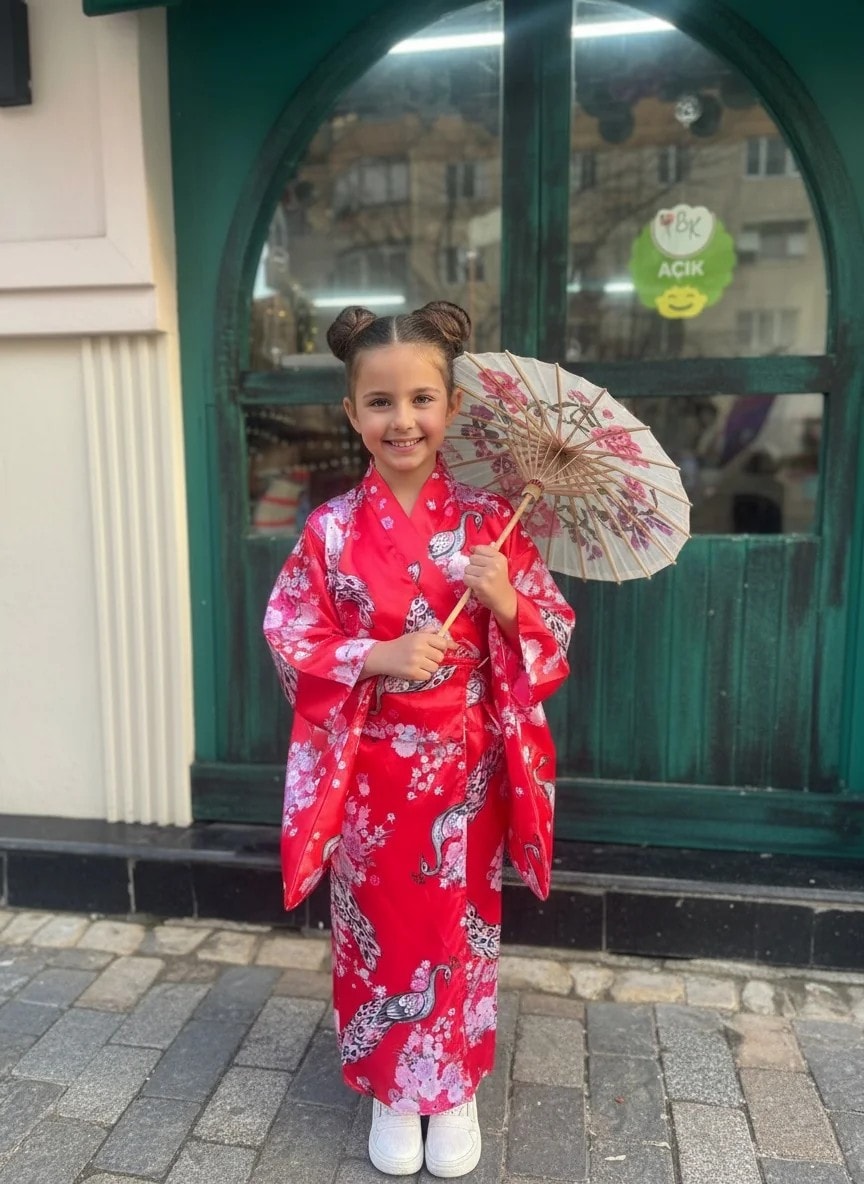 Japon Kimono Çocuk Kostümü Fuşya