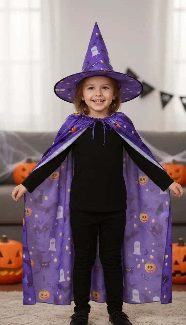 Cadılar Bayramı Kostüm Seti - Mor Cadı Pelerini ve Şapkası | Halloween Partisi İçin Şık ve Eğlenceli Kostüm