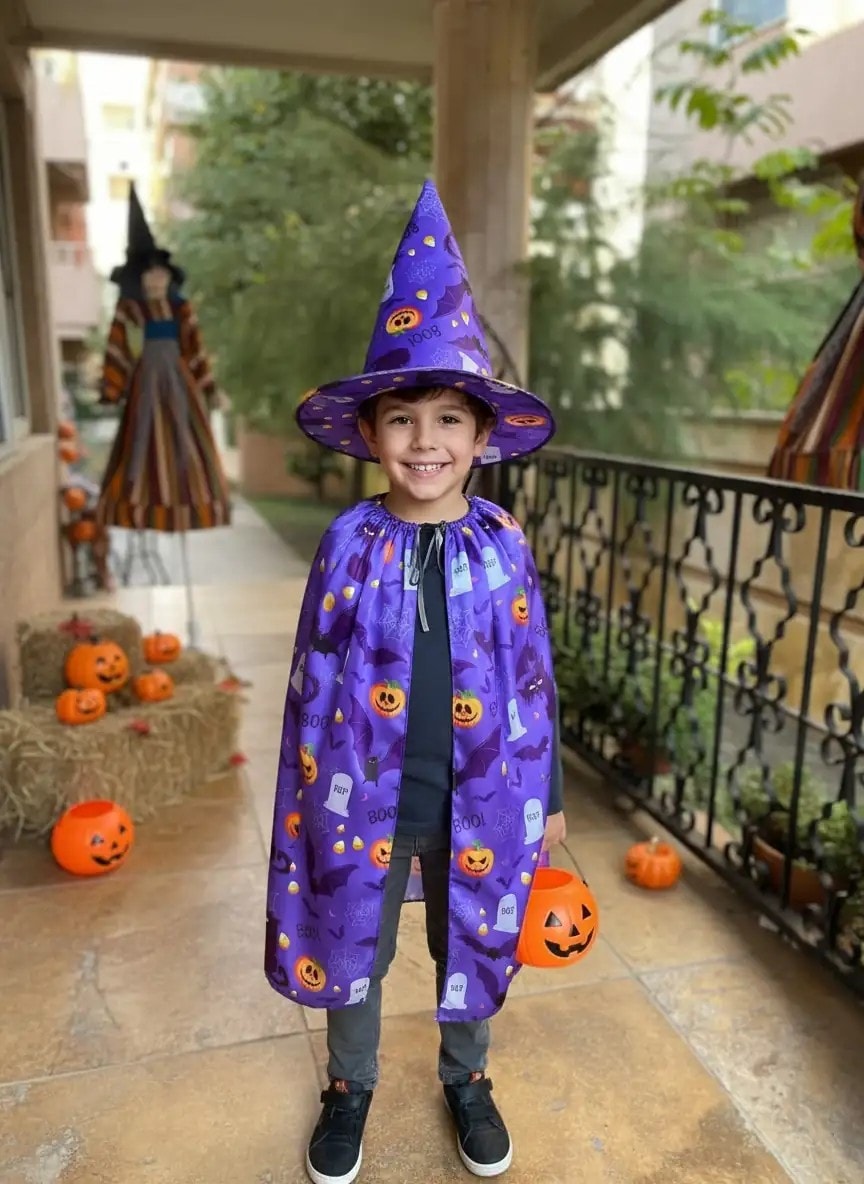 Cadılar Bayramı Kostüm Seti - Mor Cadı Pelerini ve Şapkası | Halloween Partisi İçin Şık ve Eğlenceli Kostüm