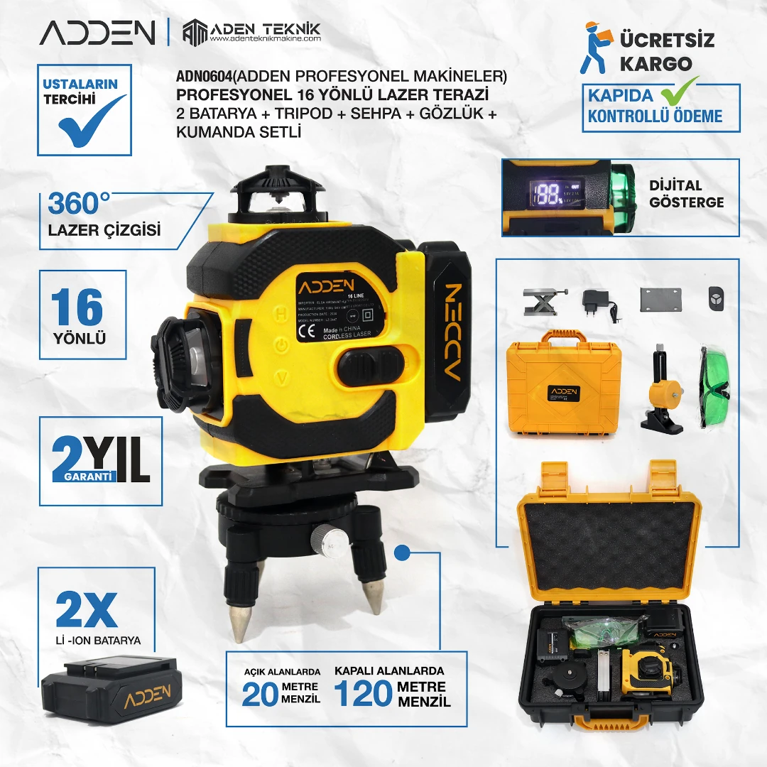 ADDEN ADN-LT-0003 Profesyonel 16 Yönlü Lazer Terazi | 2 Batarya + Tripod + Sehpa + Gözlük + Kumanda Setli