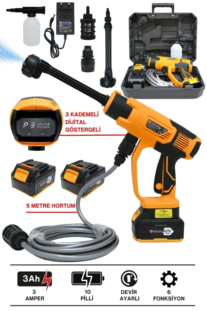 MUR-CELL ADN0807 21W Dijital Göstergeli Şarjlı Araç Yıkama Makinesi 30 Bar Akülü