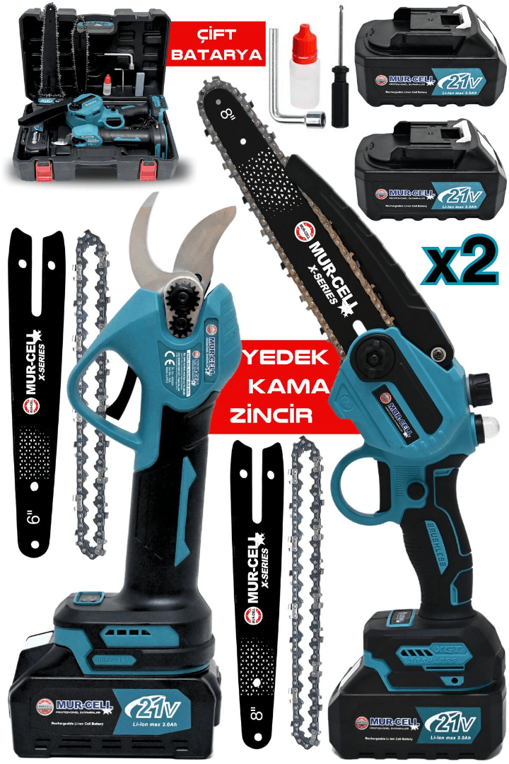 MURCELL ADN0730 Şarjlı Testere ve Makas Seti | 10 Pilli Kömürsüz Motor, 21V 2 Akülü, 20cm Pala Yedek Parçalı Budama Seti