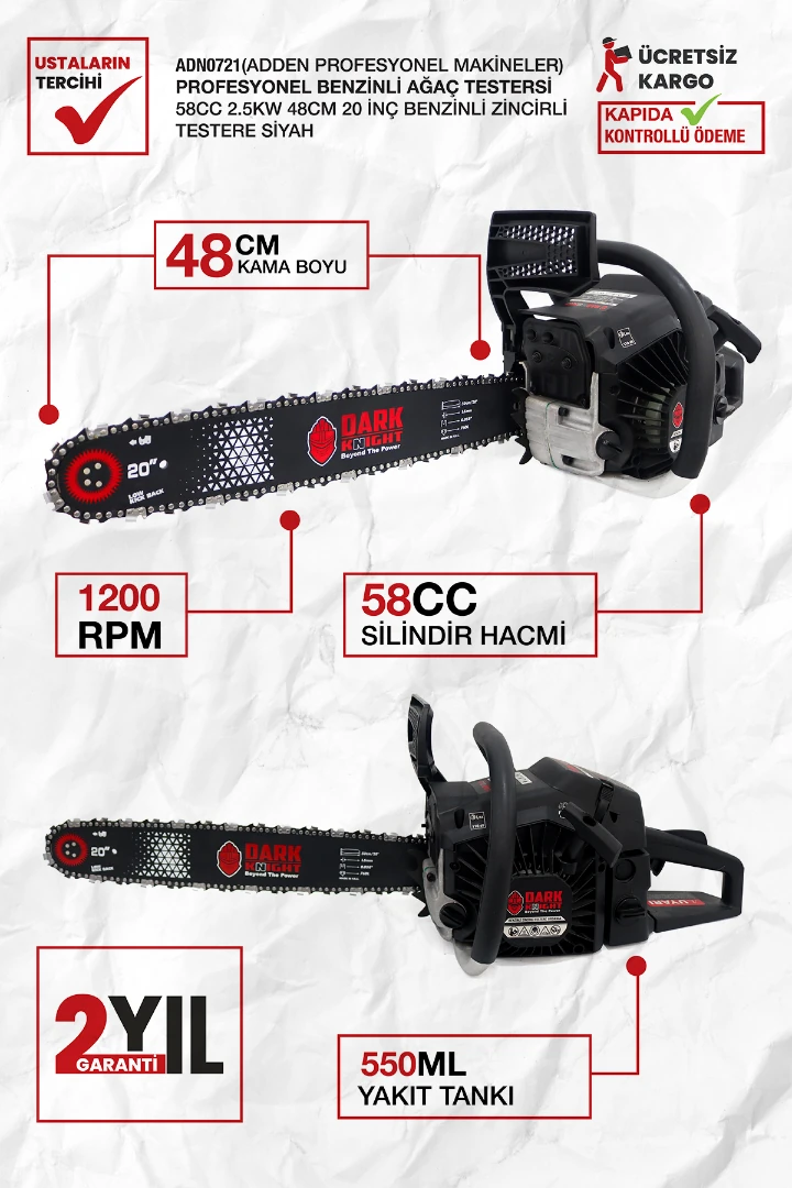 Dark Knight ADN0721 58cc 2.5kW 48cm 20 inç Benzinli Zincirli Testere Siyah