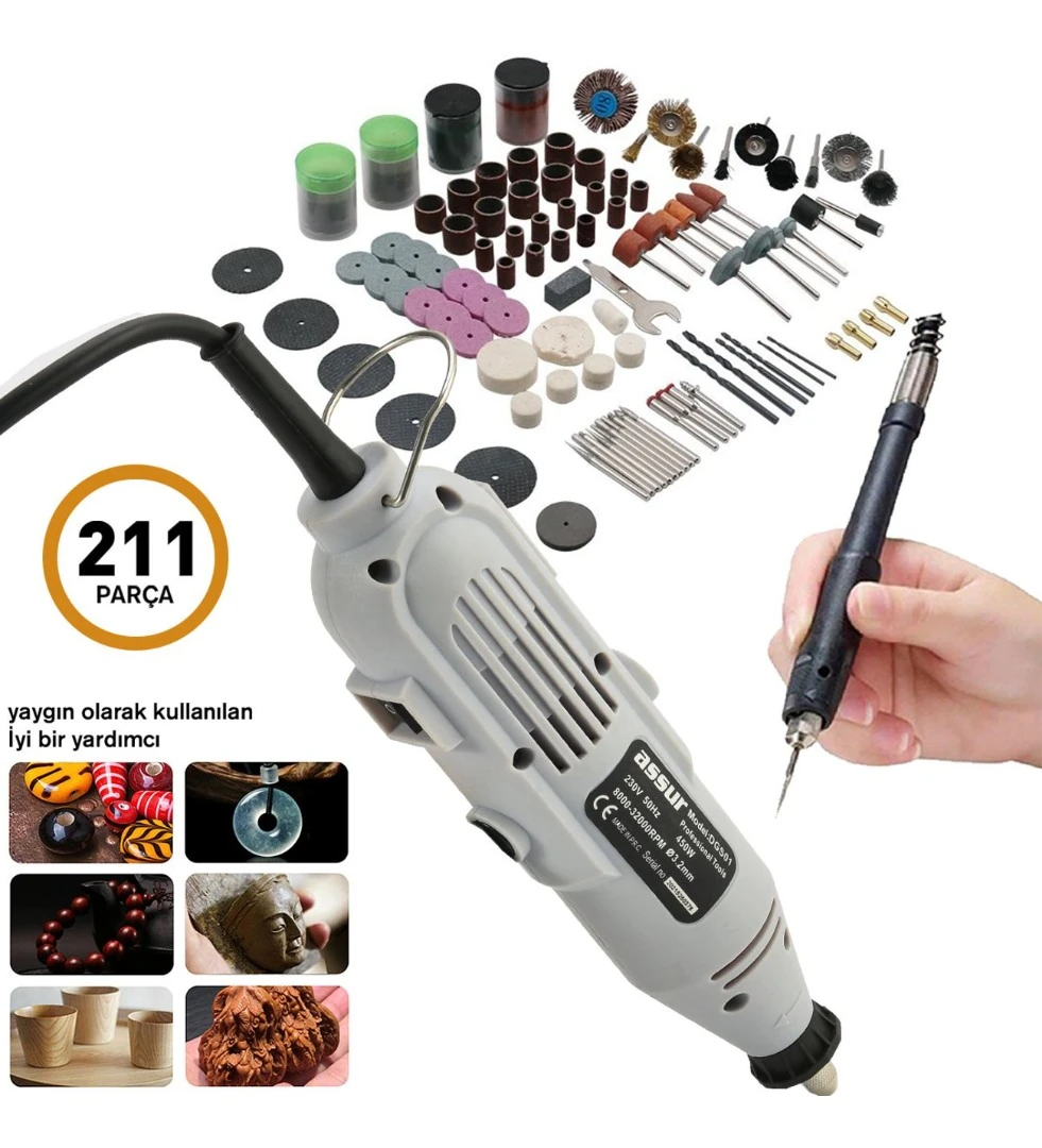 Assur ADN0552 600W 211 Parça Devir Ayarlı Gravür ve Hobi Taşlama Seti