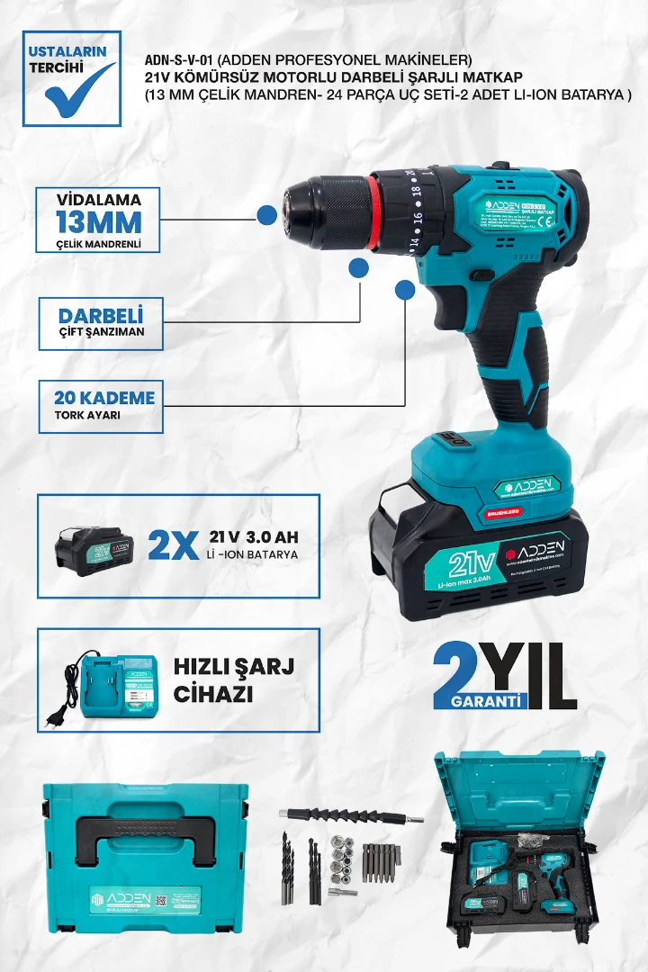 ADDEN ADN-S-V-01 21V Kömürsüz Motorlu Darbeli Şarjlı Matkap