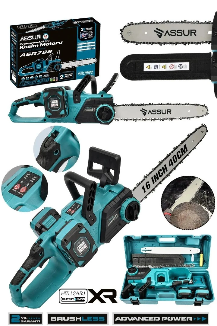 Assur ADN0724 21V 3Ah Çift Bataryalı 38cm 16 inç İki Devirli Şarjlı Zincirli Testere Mavi