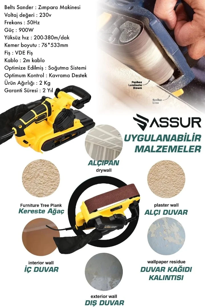 Assur ADN0550 900W Elektrikli Vakumlu Kemerli Zımpara Makinesi
