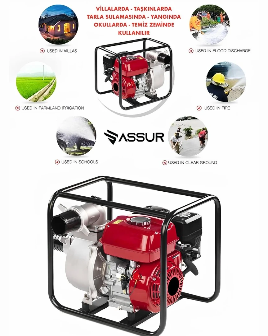 ASSUR ADN0854 3&quot; Benzinli Su Motoru 6.5HP 800L/dk 30m Basma Döküm Pervaneli 4 Zamanlı Taşınabilir Su Pompası