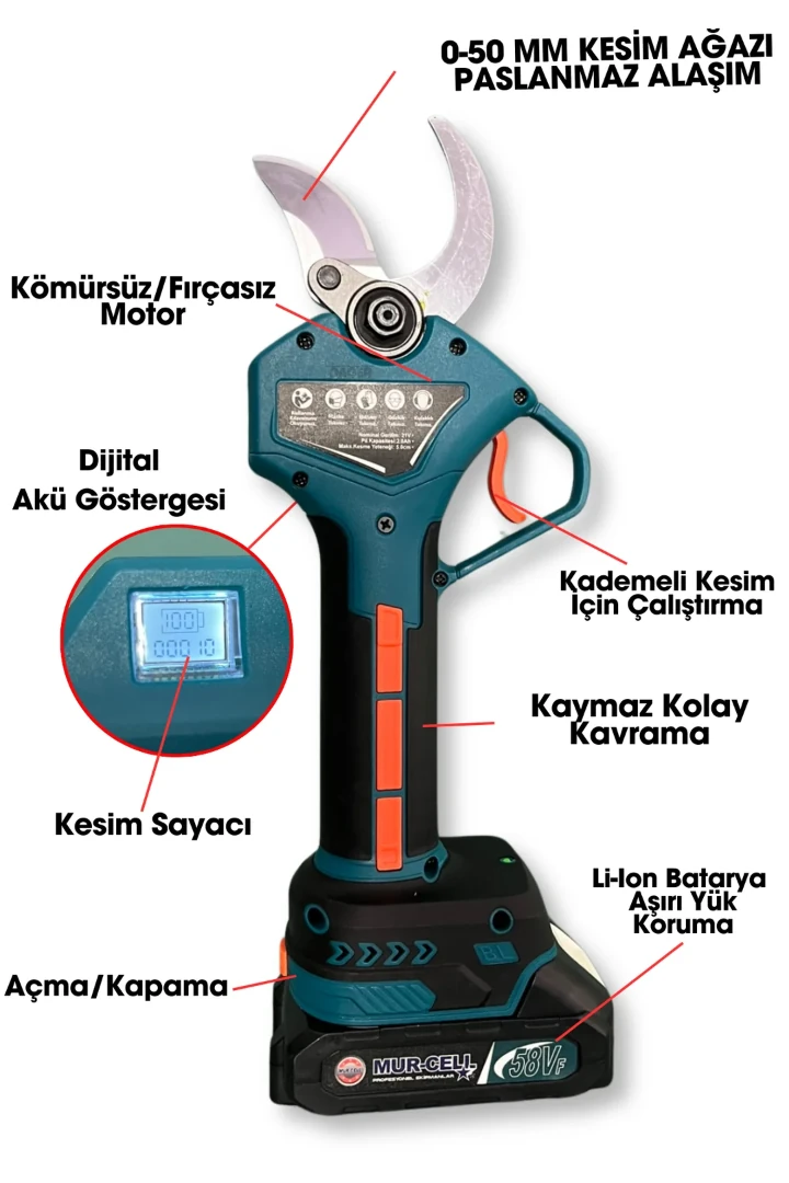 MURCELL ADN0715 Şarjlı Budama Makası | 50mm Kesim, Dijital Göstergeli, Kömürsüz Motorlu Profesyonel Bahçe Makası