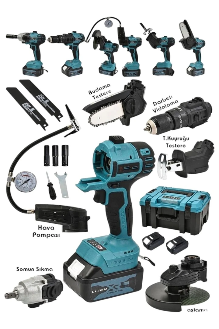ASSUR ADN0008 36V Şarjlı Altı Kafalı Profesyonel Set – Kömürsüz Matkap, Taşlama, Budama Testeresi, Somun Sıkma, Tilki Kuyruğu ve Hava Pompası