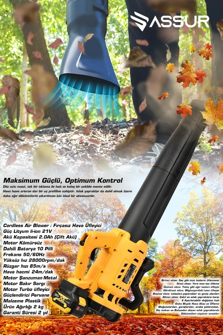 ASSUR ADN0566 21V Kömürsüz Motorlu Şarjlı Hava Üfleme Makinesi 28000RPM 85ms  2 Akülü
