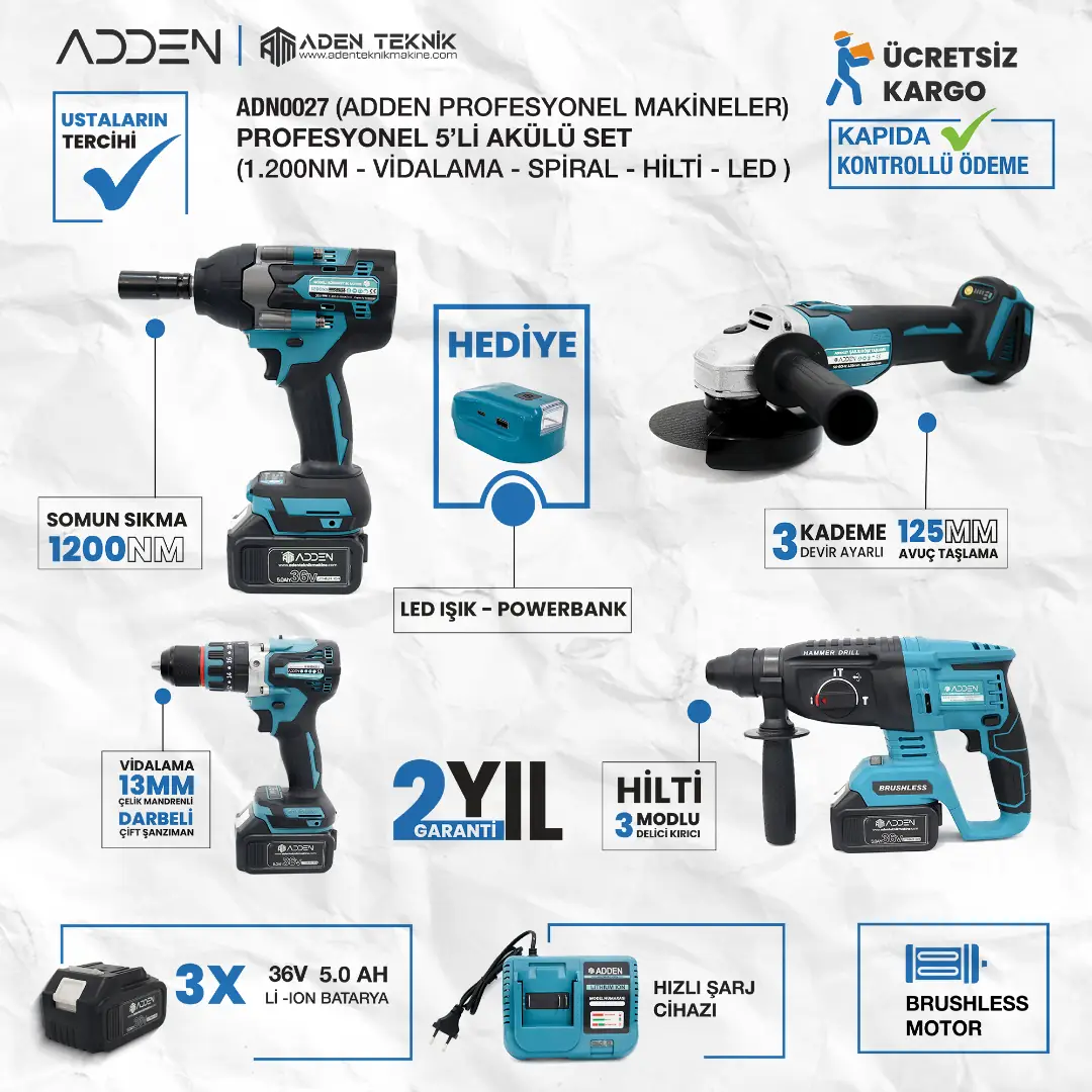 Kömürsüz Motorlu Şarjlı Takım Seti 5'li – 1200 Nm Profesyonel