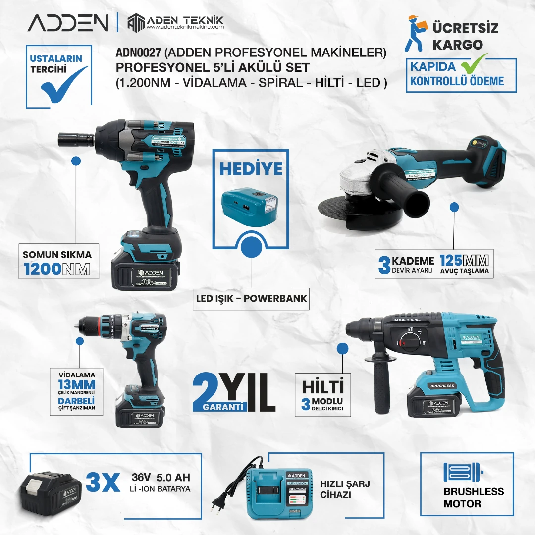 ADDEN ADN0027 5’li Kömürsüz Motorlu Şarjlı Takım Seti – 1200Nm Somun Sıkma, Vidalama, Hilti, Taşlama, LED Işık,
