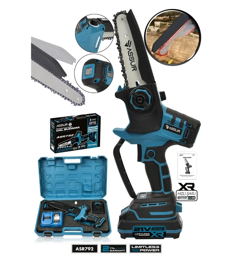 Assur ADN0605 Otomatik Yağlamalı Şarjlı Budama Testeresi Teleskopik Uyumlu 2 Bataryalı