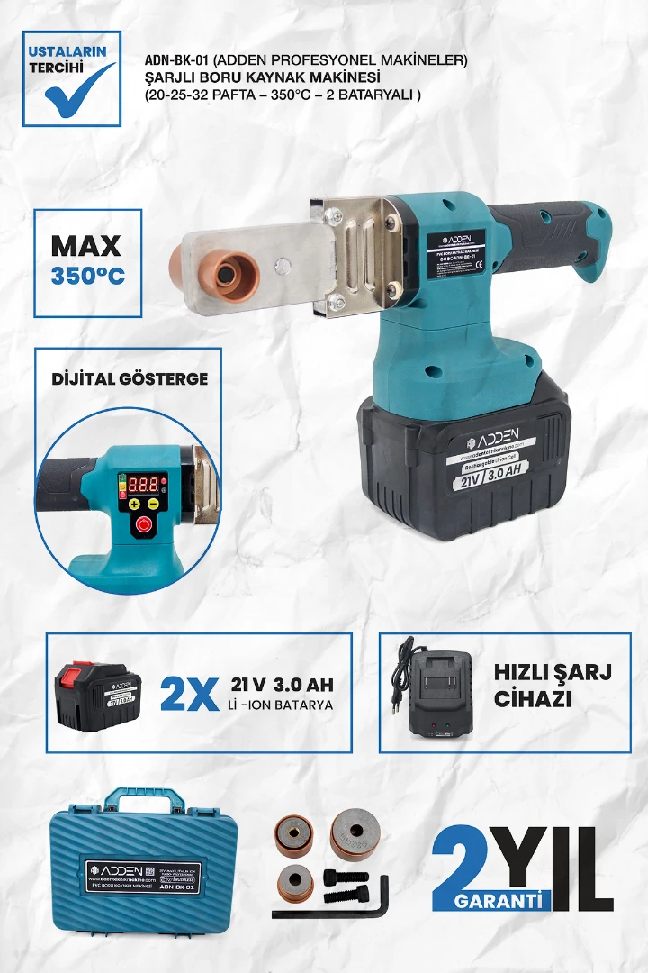 ADDEN ADN-BK-01 21V Şarjlı Boru Kaynak Makinesi 20-25-32 Pafta 350C 2 Bataryalı Mükemmel Performans