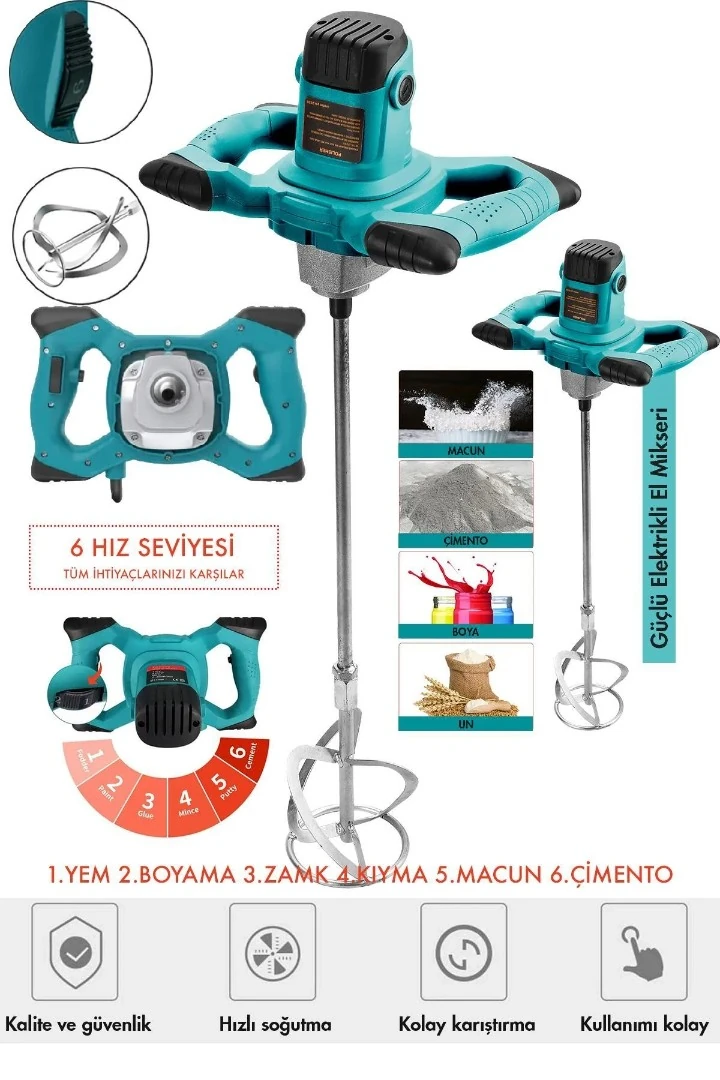 Assur ADN0650 1800W Elektrikli Alçı Boya ve Harç Karıştırıcı Mikser 6 Kademe Devir Ayarlı