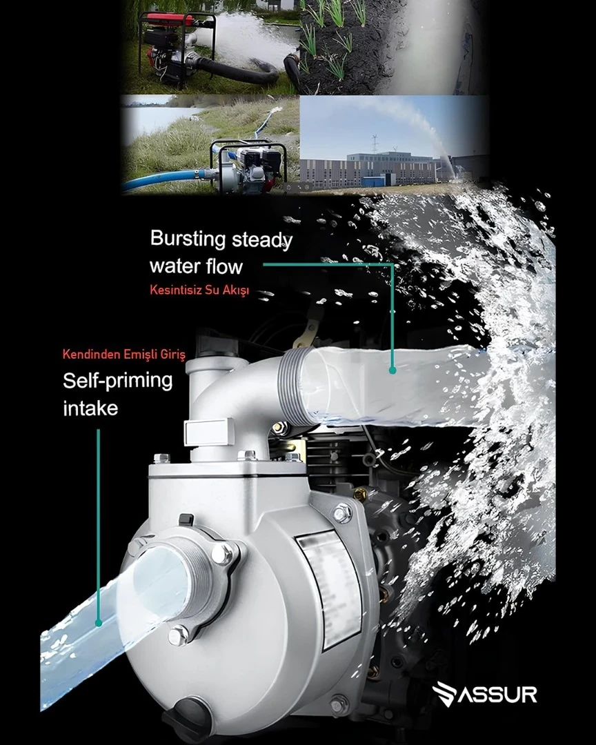 ASSUR ADN0854 3&quot; Benzinli Su Motoru 6.5HP 800L/dk 30m Basma Döküm Pervaneli 4 Zamanlı Taşınabilir Su Pompası