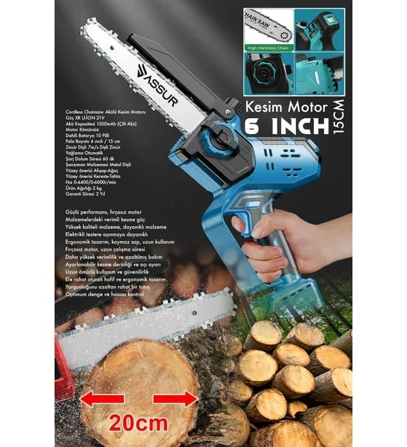 Assur ADN0605 Otomatik Yağlamalı Şarjlı Budama Testeresi Teleskopik Uyumlu 2 Bataryalı