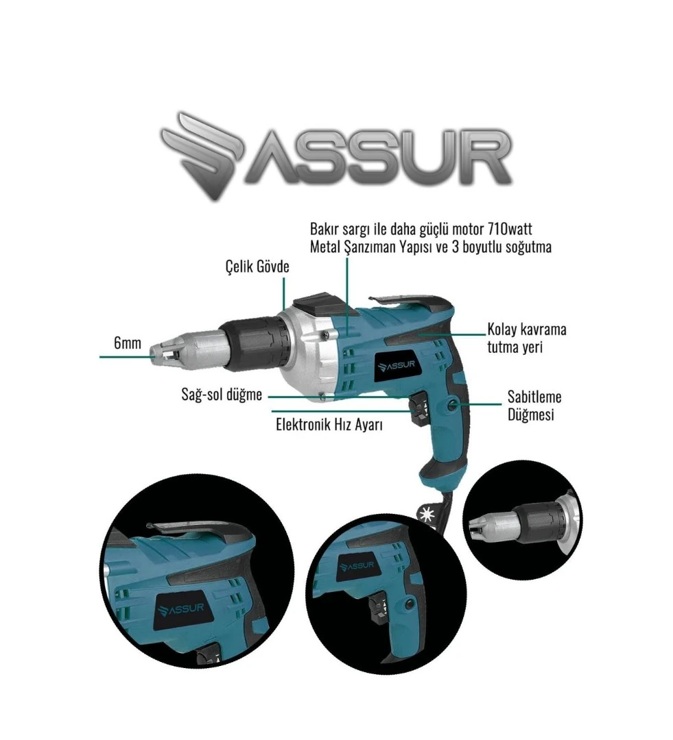 ASSUR ADN0105 710W 90Nm Profesyonel Alçıpan Vidalama Tabancası