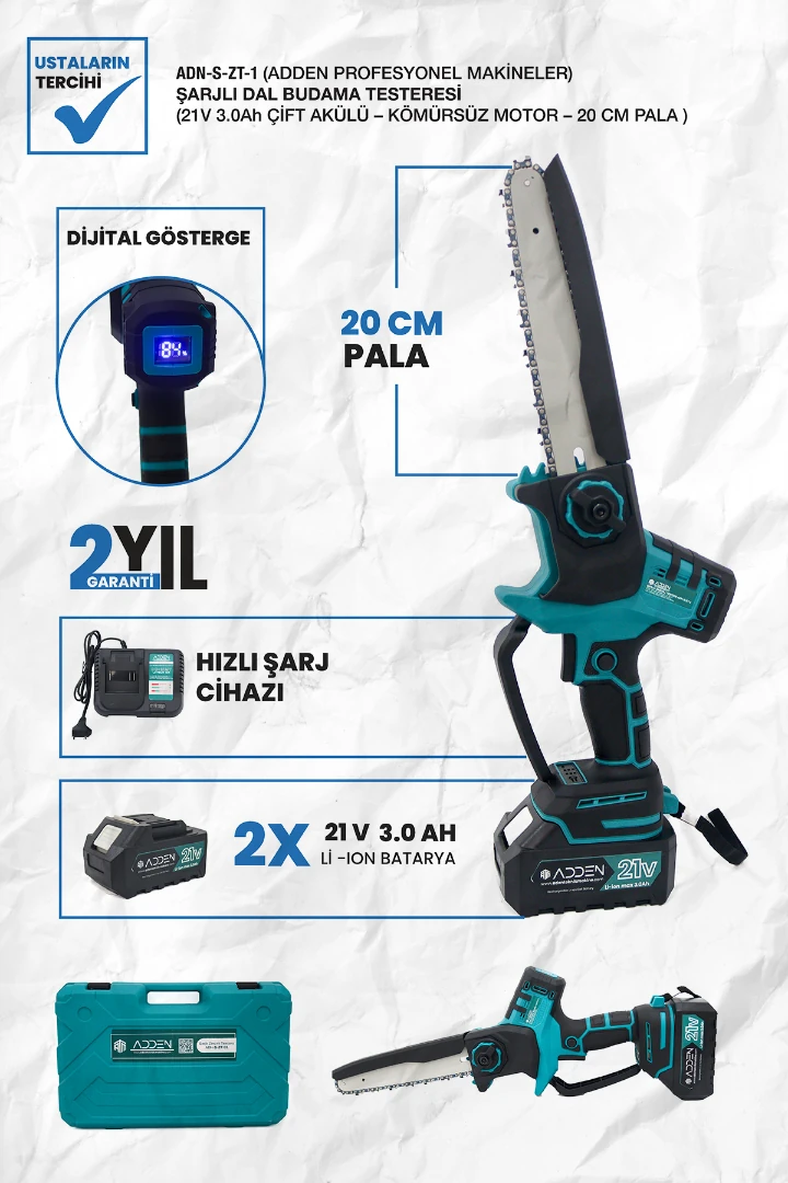 ADDEN ADN-S-ZT-01 Şarjlı Dal Budama Testeresi | 21V 3.0Ah Çift Akülü, Kömürsüz Motorlu, 20cm Pala